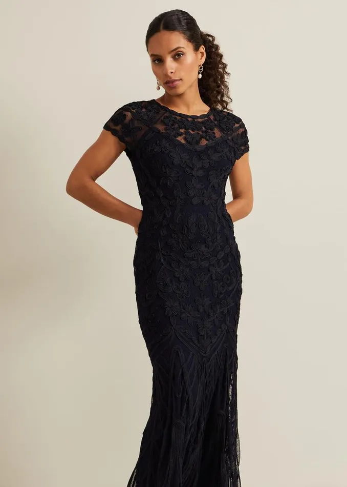 Phase Eight Dresses Petite Luana Tapework Maxi Dress Navy 8211 Women