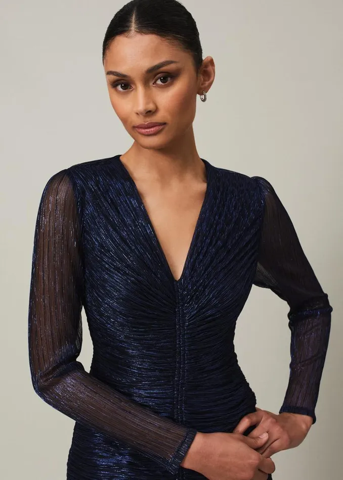 Phase Eight Dresses Shannia Blue Ruched Plisse Maxi Dress Blue 8211 Women