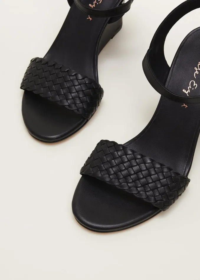 Phase Eight Heels Leather Plait Strap Shoes Black 8211 Women
