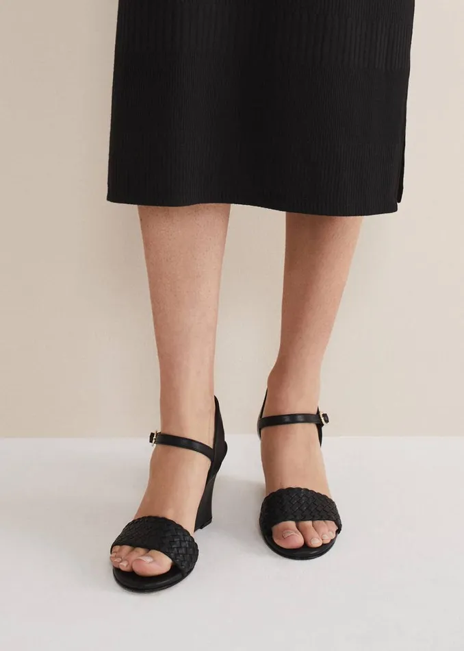 Phase Eight Heels Leather Plait Strap Shoes Black 8211 Women