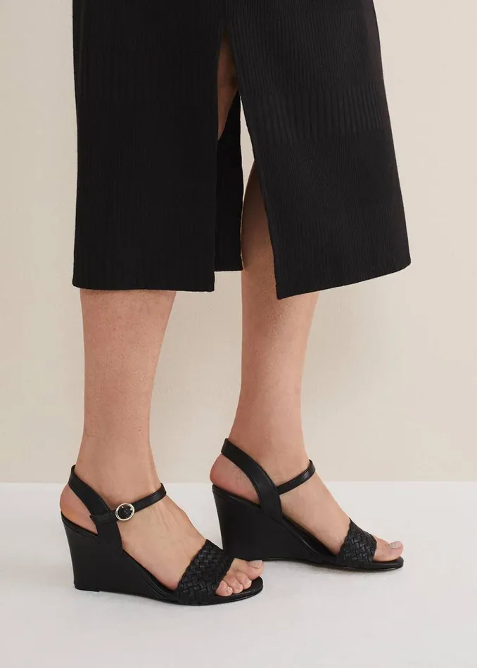 Phase Eight Heels Leather Plait Strap Shoes Black 8211 Women