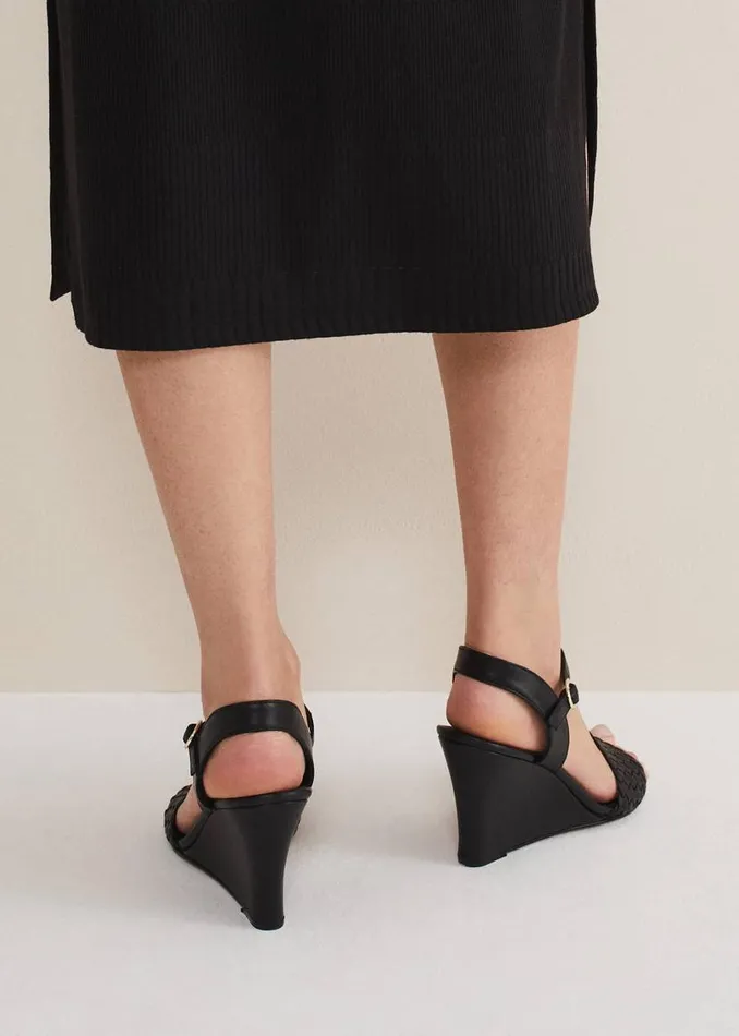 Phase Eight Heels Leather Plait Strap Shoes Black 8211 Women