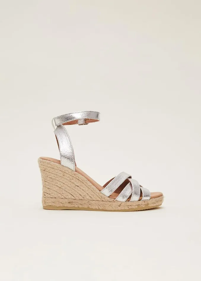 Phase Eight Heels Leather Strappy Espadrilles Silver 8211 Women