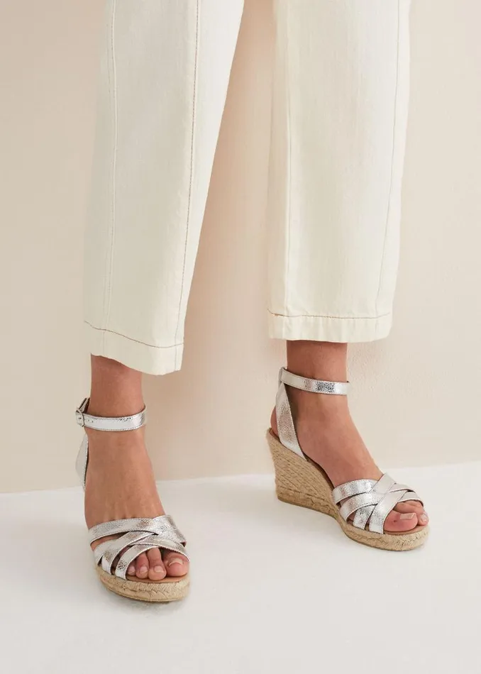 Phase Eight Heels Leather Strappy Espadrilles Silver 8211 Women