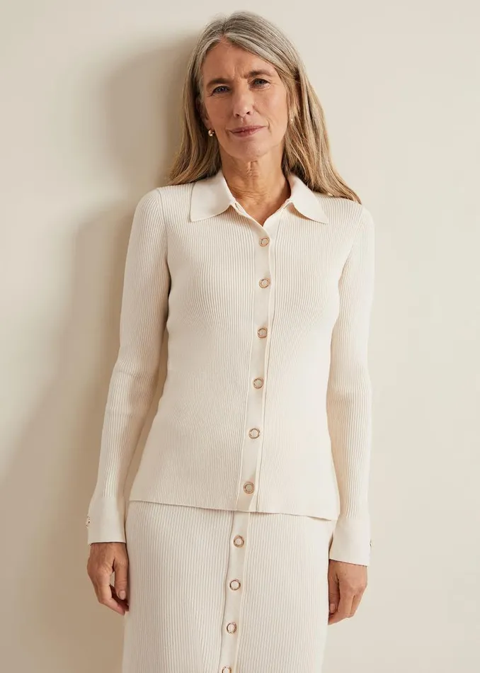 Phase Eight Knitwear Irina Ribbed Button Detail Knit Top Ivory 8211 Women