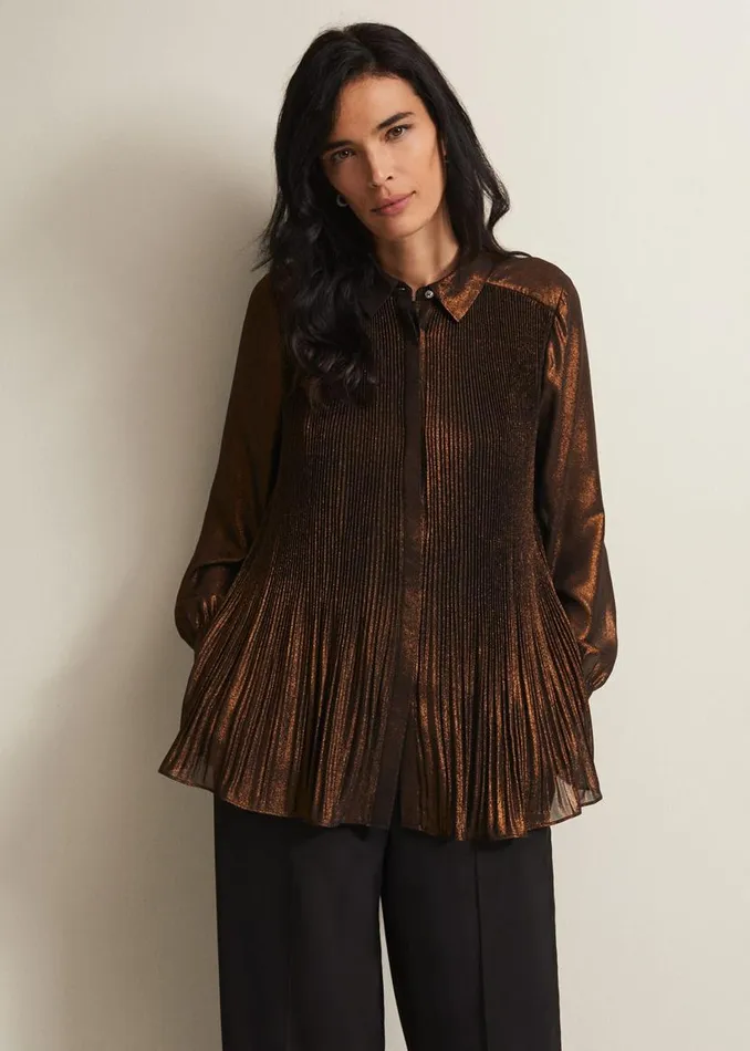 Phase Eight Shirts and Blouses Faye Foil Pleated Blouse Bronze 8211 Women