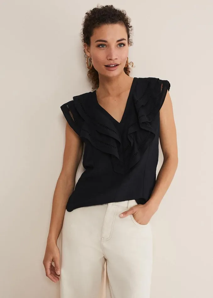 Phase Eight Shirts and Blouses Rosey Linen Ruffle Blouse Black 8211 Women