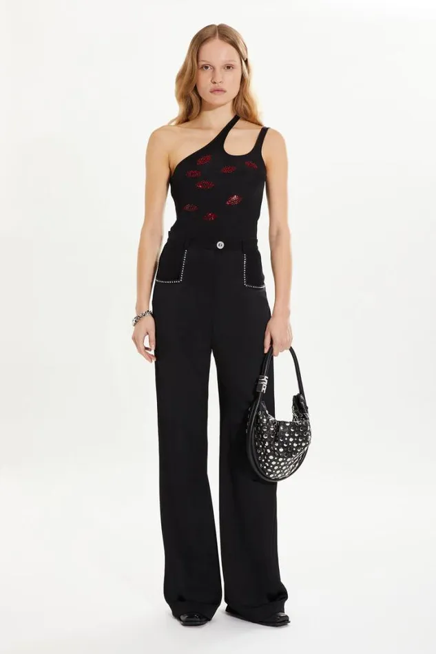 Readytowear Trousers And Denim Sonia Rykiel Piaf Trousers In Satinbacked Crepe With Rhinestone Detailing