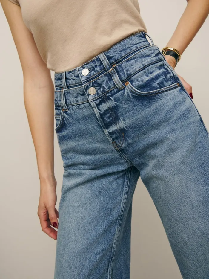Reformation Jeans Cary Double Waistband High Rise Slouchy Wide Leg Jeans Rainy 8211 Women