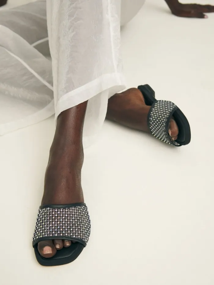 Reformation Sandals Eliza Flat Sandal Black Rhinestone Mesh 8211 Women