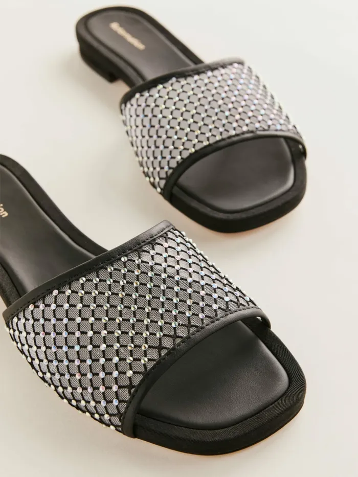 Reformation Sandals Eliza Flat Sandal Black Rhinestone Mesh 8211 Women Reformation Sandals Eliza Flat Sandal Black Rhinestone Mesh 8211 Women
