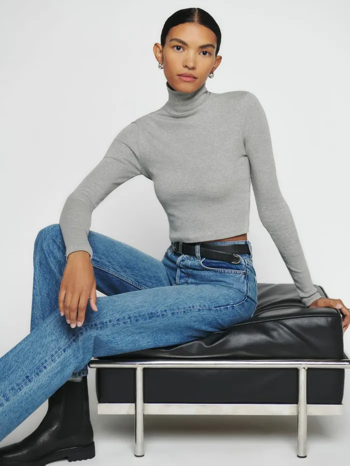 Reformation Tops Davy Cropped Ribbed Turtleneck Tee Heather Grey 8211 Women