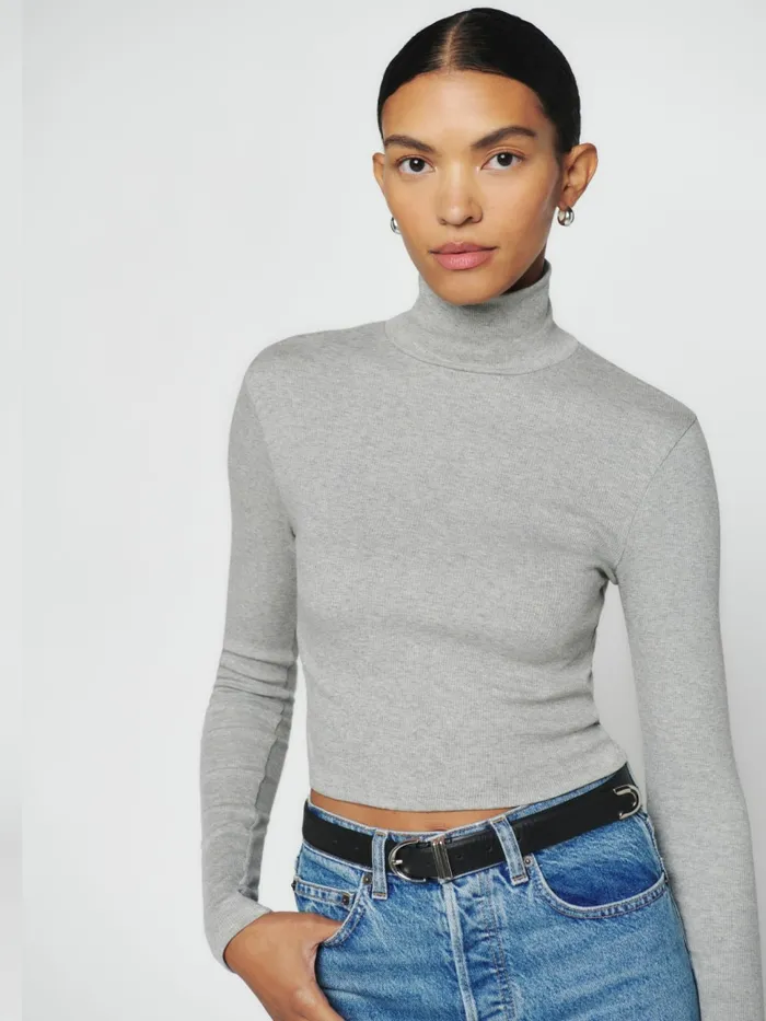 Reformation Tops Davy Cropped Ribbed Turtleneck Tee Heather Grey 8211 Women