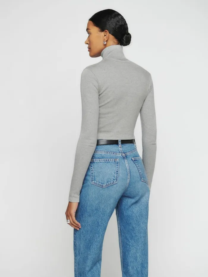 Reformation Tops Davy Cropped Ribbed Turtleneck Tee Heather Grey 8211 Women