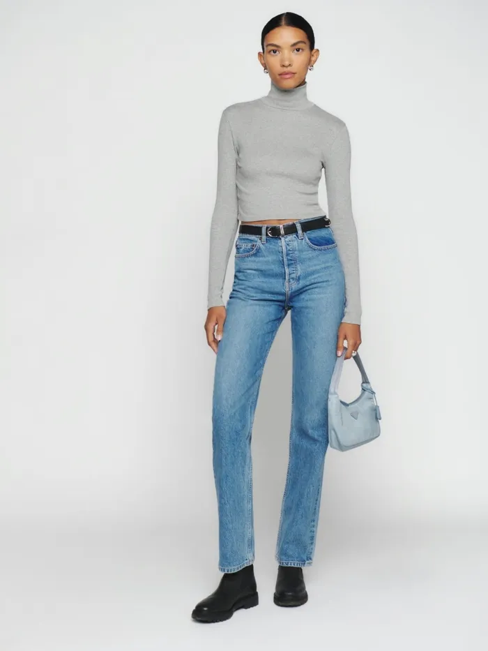 Reformation Tops Davy Cropped Ribbed Turtleneck Tee Heather Grey 8211 Women