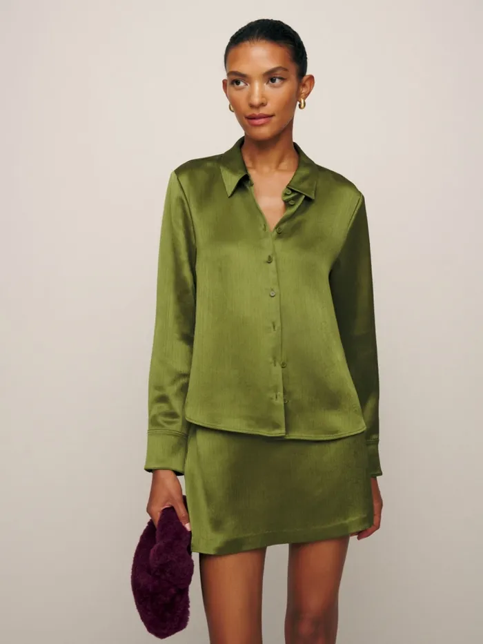 Reformation Tops Sky Relaxed Satin Top Pear Crinkle 8211 Women