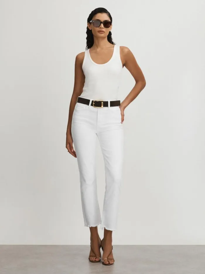 REISS Denim Women Paige Straight Leg Raw Hem Jeans White