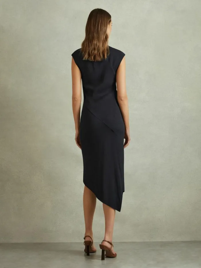 REISS Dresses Women Bodycon Ruched Midi Dress Navy