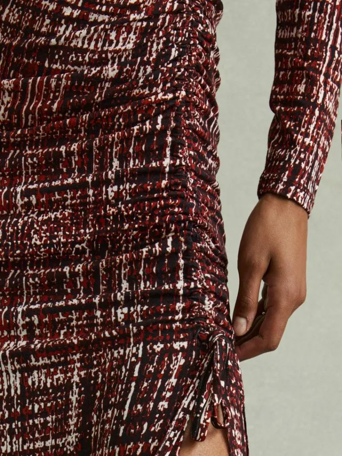REISS Dresses Women Printed Ruched Midi Dress Red