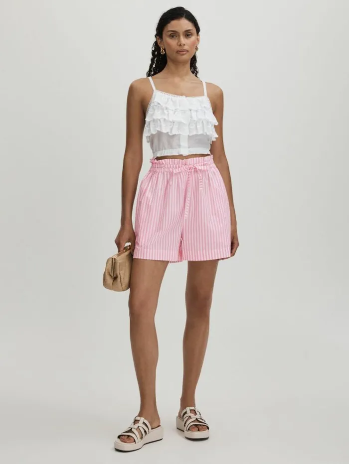 REISS Shorts Women Mille Striped 100 Cotton Paper Bag Shorts Bubblegum