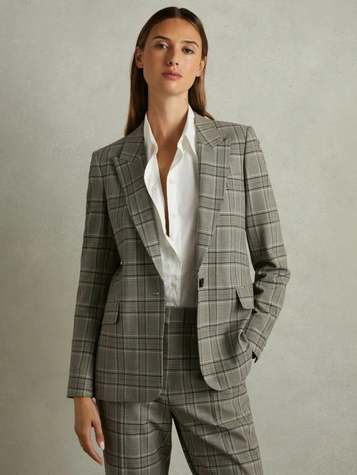 REISS Suits and Tailoring Women Checked Slim Fit Suit Blazer Grey Check
