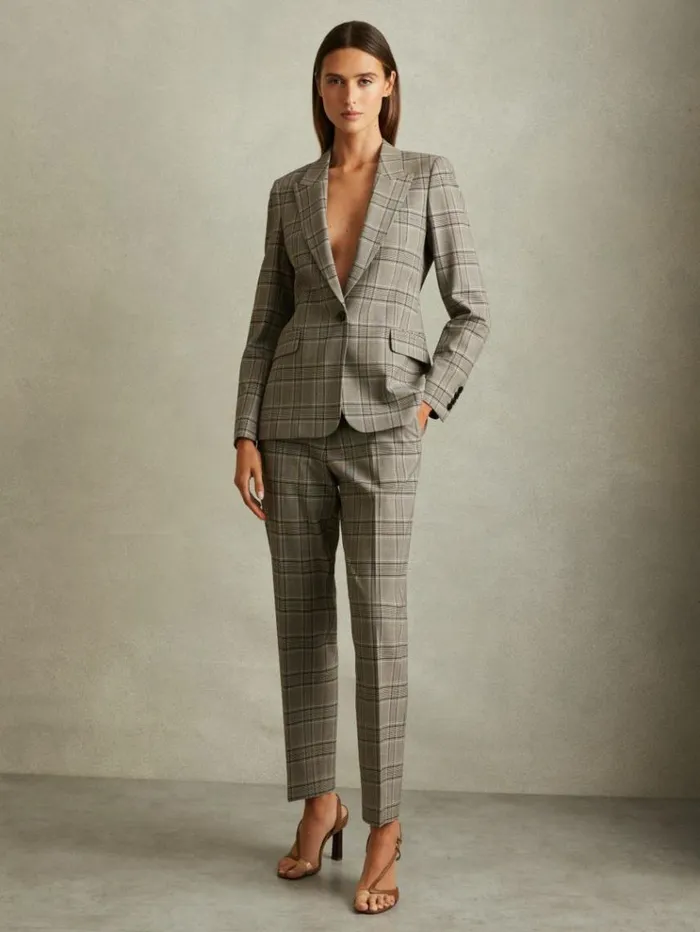 REISS Suits and Tailoring Women Checked Slim Fit Suit Blazer Grey Check