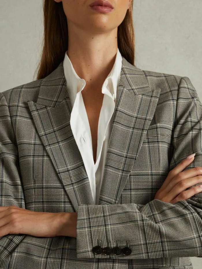 REISS Suits and Tailoring Women Checked Slim Fit Suit Blazer Grey Check