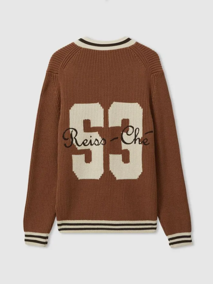 REISS Sweaters Men Ch Embroidered Varsity Cardigan Tobacco Brown