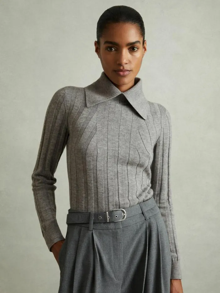 REISS Sweaters Women Ribbed Collared Jumper Grey