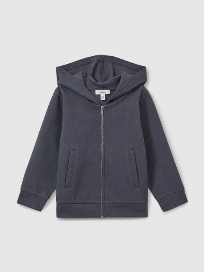 REISS Sweats and Hoodies Children Cotton Blend Textured ZipFront Hoodie Steel Blue