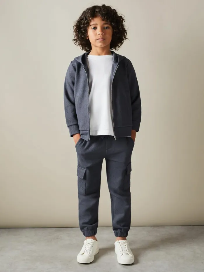 REISS Sweats and Hoodies Children Cotton Blend Textured ZipFront Hoodie Steel Blue