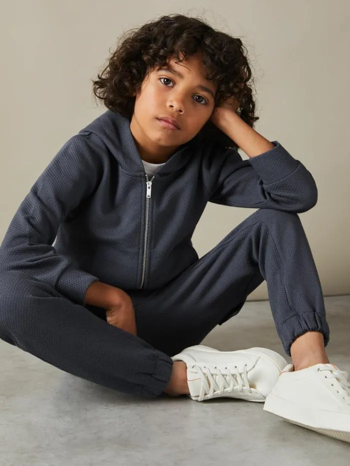 REISS Sweats and Hoodies Children Cotton Blend Textured ZipFront Hoodie Steel Blue