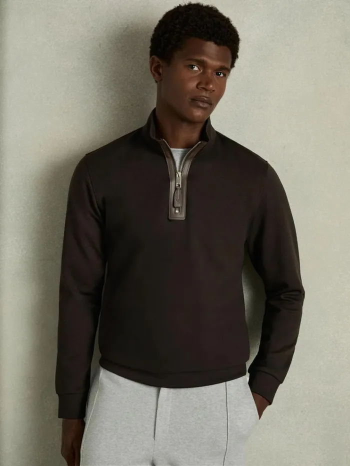 REISS Sweats Hoodies and Joggers Men Leather Placket Interlock Jersey Sweatshirt Chocolate Brown REISS Sweats Hoodies and Joggers Men Leather Placket Interlock Jersey Sweatshirt Chocolate Brown