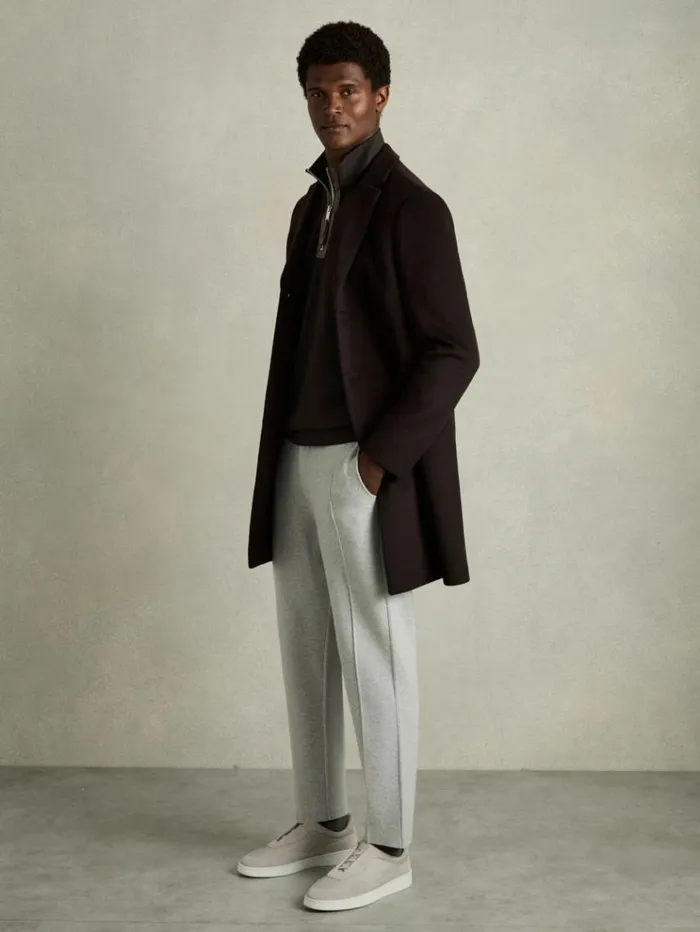 REISS Sweats Hoodies and Joggers Men Leather Placket Interlock Jersey Sweatshirt Chocolate Brown