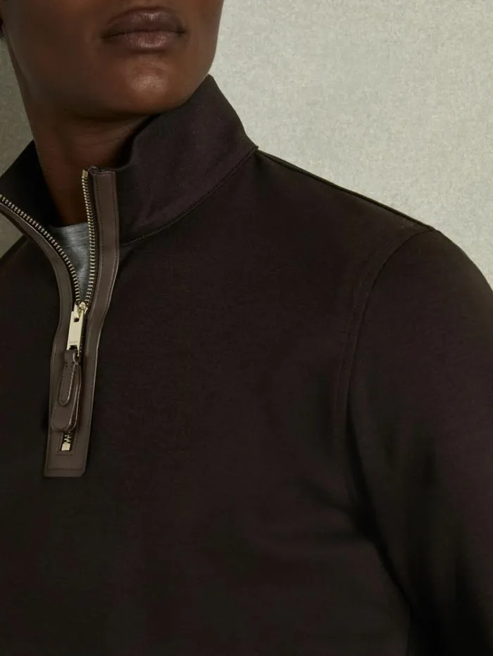 REISS Sweats Hoodies and Joggers Men Leather Placket Interlock Jersey Sweatshirt Chocolate Brown