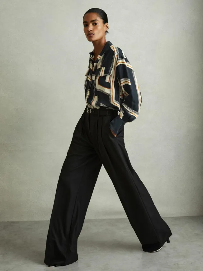 REISS Tops Women Geometric Print Button Through Shirt Navy