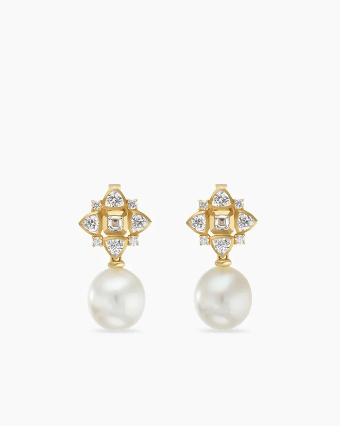 Renaissance Pearl Trillion Drop Earrings In 18K Yellow Gold With Pearls And Diamond 26mm Women David Yurman Drop Renaissance Pearl Trillion Drop Earrings In 18K Yellow Gold With Pearls And Diamond 26mm Women David Yurman Drop