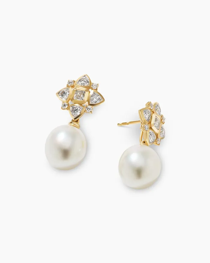 Renaissance Pearl Trillion Drop Earrings In 18K Yellow Gold With Pearls And Diamond 26mm Women David Yurman Drop Renaissance Pearl Trillion Drop Earrings In 18K Yellow Gold With Pearls And Diamond 26mm Women David Yurman Drop
