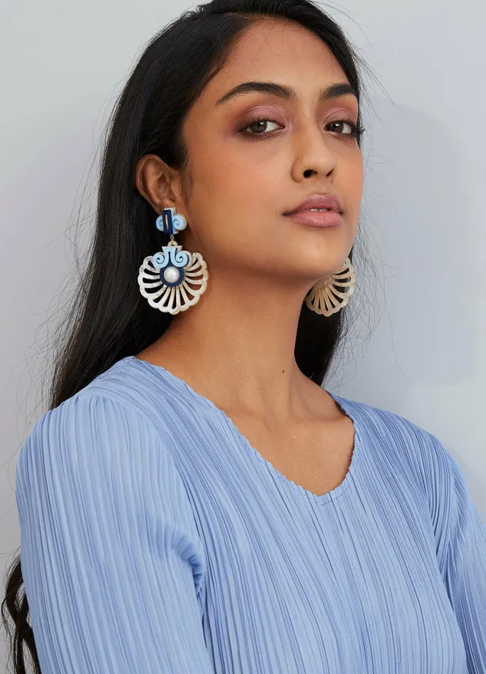 Scarlet Sage Gissa Bicalho Deco Shell Earrings 8211 Blue and Ivory 8211 Women