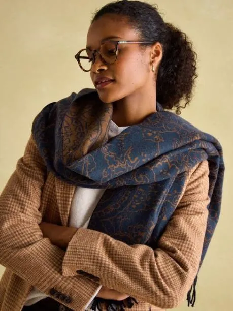 Scarves Women Joules Navy and Camel DoubleSided Jacquard Scarf