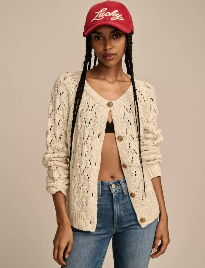 Shine Pointelle Cardigan Tofu Women Lucky Brand Sweaters and Sweatshirts