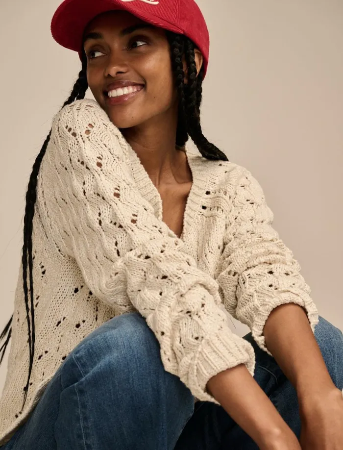 Shine Pointelle Cardigan Tofu Women Lucky Brand Sweaters and Sweatshirts