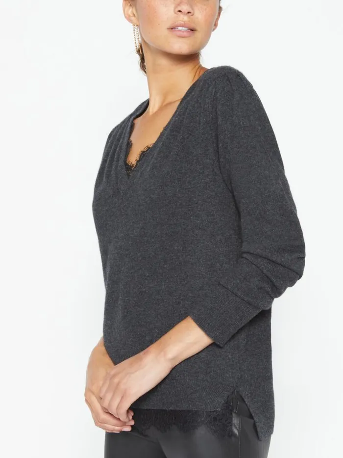Shop Brochu Walker Sweaters The Marcella Lace Vee Looker Dark Charcoal Melange With Black Lace