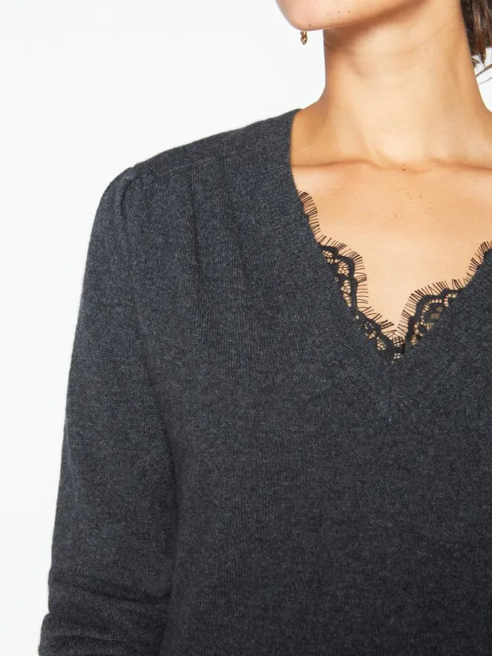 Shop Brochu Walker Sweaters The Marcella Lace Vee Looker Dark Charcoal Melange With Black Lace