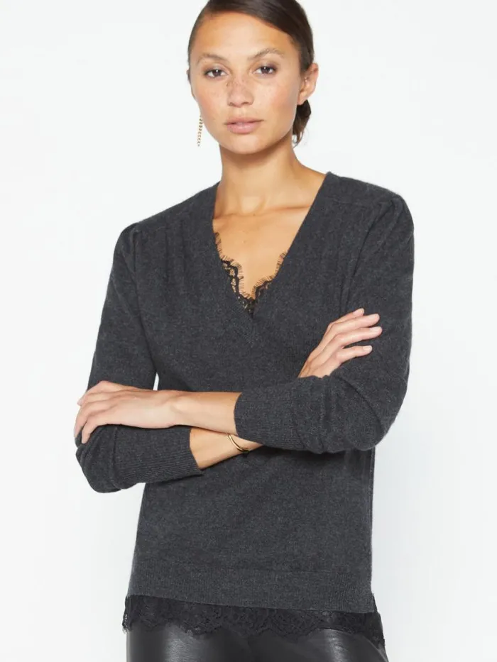 Shop Brochu Walker Sweaters The Marcella Lace Vee Looker Dark Charcoal Melange With Black Lace