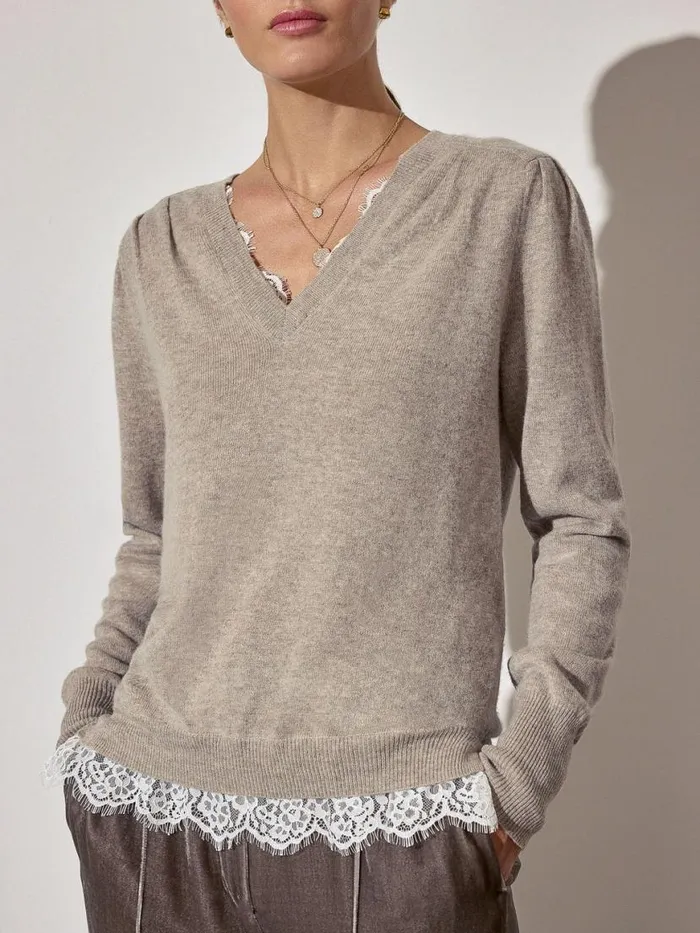 Shop Brochu Walker Sweaters The Marcella Lace Vee Looker Light Chia Melange With Ivory Lace