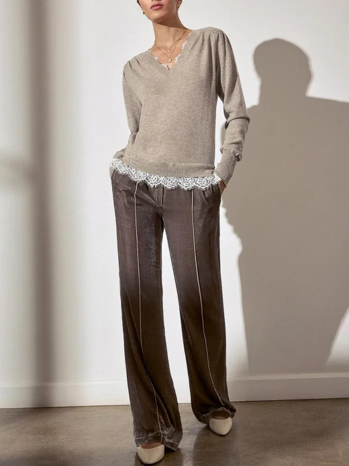 Shop Brochu Walker Sweaters The Marcella Lace Vee Looker Light Chia Melange With Ivory Lace