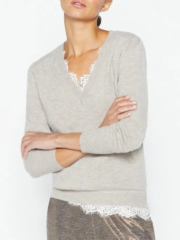 Shop Brochu Walker Sweaters The Marcella Lace Vee Looker Light Chia Melange With Ivory Lace