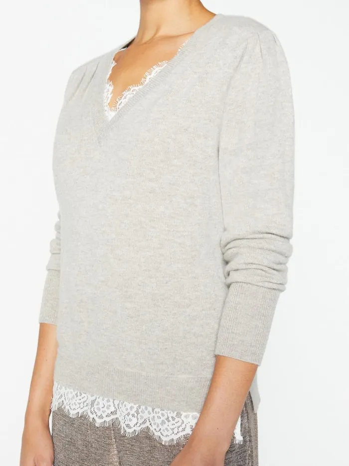 Shop Brochu Walker Sweaters The Marcella Lace Vee Looker Light Chia Melange With Ivory Lace