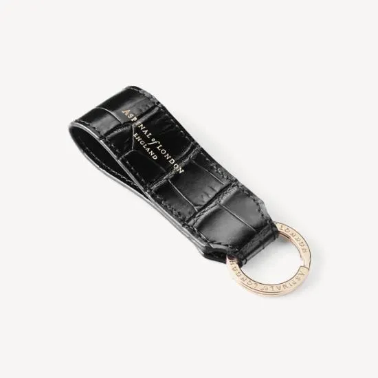 Small Leather Loop Keyring Deep Shine Black Croc WomenMen Aspinal Of London Key Rings